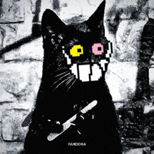 a black cat is holding a knife and the word pandora is above it