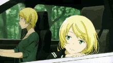 two anime girls are sitting in a car and one of them is looking out the window