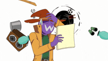 a cartoon character with a w on his face holds a piece of paper