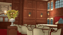 a room with tables and chairs and a vase of flowers on the table
