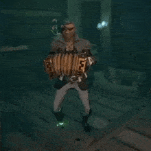 a man is playing an accordion in a video game while standing on a wooden floor .