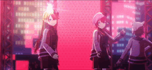 a group of anime characters are dancing on a stage in front of a city .