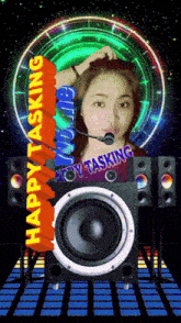 a picture of a woman with a microphone and the words happy tasking above her