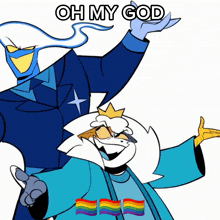 a couple of cartoon characters standing next to each other with the words oh my god written above them