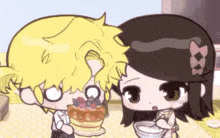 a boy and a girl are standing next to each other in front of a cake and a bowl of yogurt .