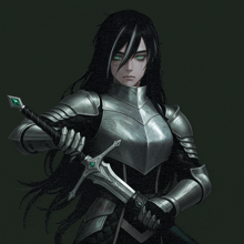 a woman in armor holds a sword with green emeralds on it