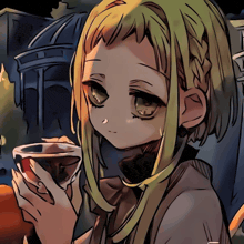 a drawing of a girl with blonde hair holding a cup of tea