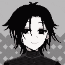 a pixel art drawing of a girl with black hair and a white face