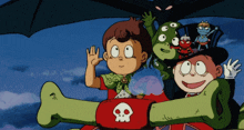 a cartoon character with a skull on their shirt