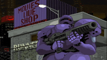 a pixel art of a purple robot holding a gun in front of a building that says ' movies live shop '