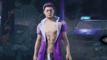 a man with purple hair is standing in front of a police car .