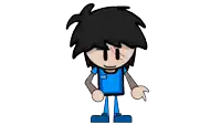 a cartoon character with black hair and a blue shirt with the word swan on it .