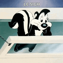 a black and white cartoon of a skunk with the words le sigh above it