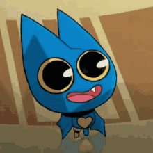a blue cartoon character with big eyes and a heart shaped collar