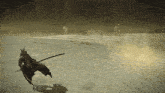 a person with a sword standing in the sand