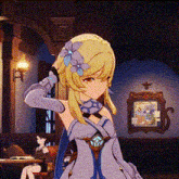 a cartoon girl in a blue dress is standing in a room .