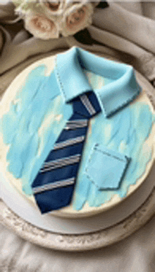 a cake with a blue shirt and tie on it .