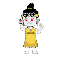 a cartoon girl wearing heart shaped sunglasses is holding a cell phone and giving a peace sign ..