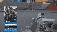 a screenshot of a video game shows a man named buck holding a rifle