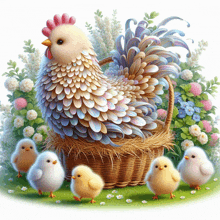 a painting of a rooster and chicks in a basket with flowers in the background