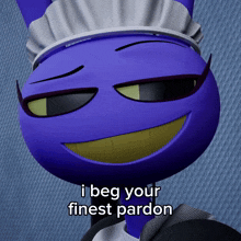 a blue cartoon character is wearing a maid outfit and smiling with the words i beg your finest pardon below it