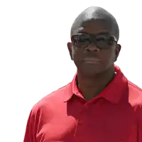 a man wearing sunglasses and a red shirt is looking at the camera