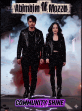 a man and a woman standing next to each other on a poster that says community shine on it