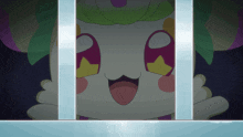 a cartoon character behind bars with a big smile on her face