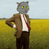 a man in a suit and tie with a cat head