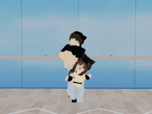 a boy is carrying a girl on his back in a video game