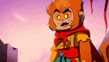 a cartoon monkey with yellow eyes and a red scarf around his neck