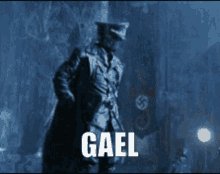 a black and white photo of a man with the name gael on the bottom