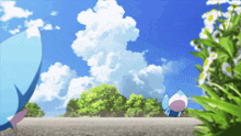 a blue and white cartoon character is standing on a road