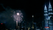 a fireworks display in front of a city skyline with the words full visible