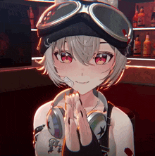 a girl wearing headphones and goggles with the number 682 on the back