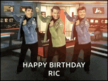 three men are dancing in a room and the words happy birthday ric are on the bottom