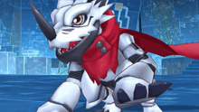 a cartoon character wearing a red scarf and armor