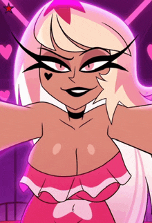 a cartoon character is taking a selfie in a pink dress