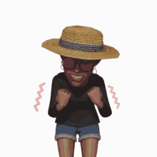a woman wearing a straw hat and pink sunglasses is smiling