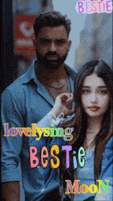 a man and a woman standing next to each other with the words lovelysing bestie moon on the bottom