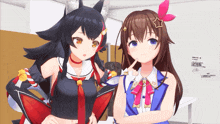 two anime girls standing next to each other with one wearing a star on her head