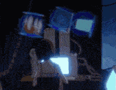 a close up of a cartoon character 's face with a blue background