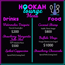 hookah lounge menu for drinks and food including watermelon daiquiri
