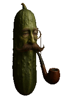 a pickle with a mustache and glasses smoking a pipe