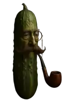 a pickle with a mustache and glasses smoking a pipe