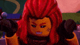 a lego character with red hair and a x on her face