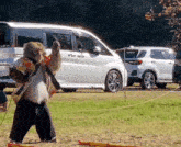a monkey is standing in front of a white van in a field