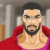 a man with a beard is wearing a red hoodie and a pink shirt
