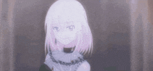 a close up of a anime girl with white hair and a purple background .