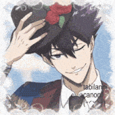a drawing of a man wearing a hat with a rose on it is labeled tabilann canon